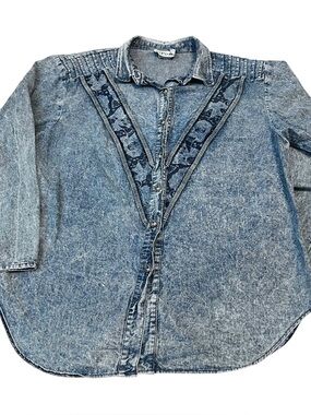 Vintage Acid Wash Chambray Pleated Statement Shirt Geometric USA Made Size 16